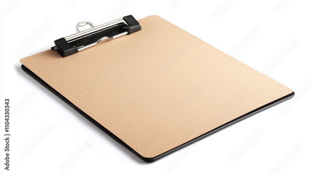 a brown clipboard with a black clip on top of it, set against a white background a brown clipboard with a black clip on top of it, set against a white background