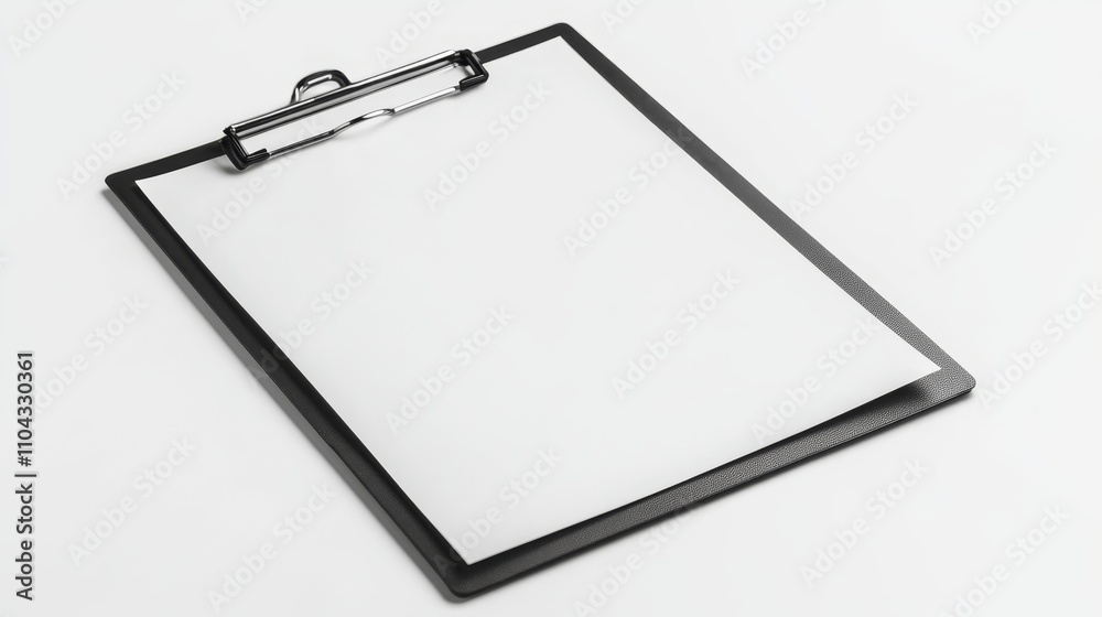 a black clipboard with a white sheet of paper on top of it, set against a white background a black clipboard with a white sheet of paper on top of it, set against a white background