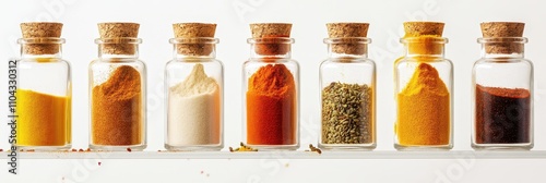 Colorful assortment of spices in glass jars, perfect for culinary inspiration. photo