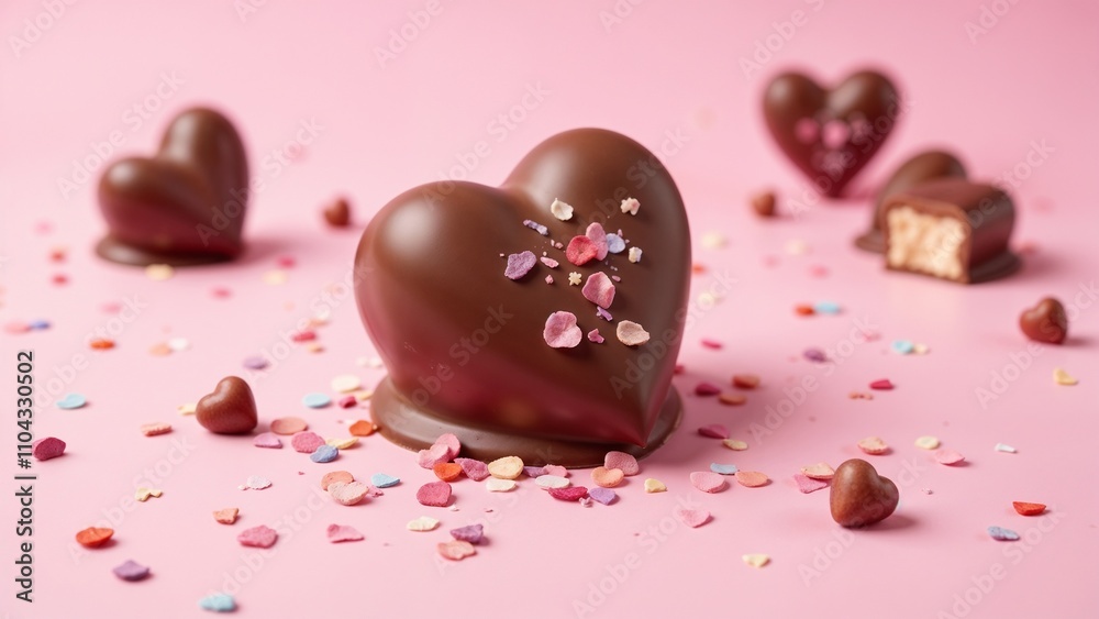 Heart-shaped chocolates elegantly arranged on a light pink surface, adorned with colorful sprinkles, celebrating love and sweetness on Chocolate Day