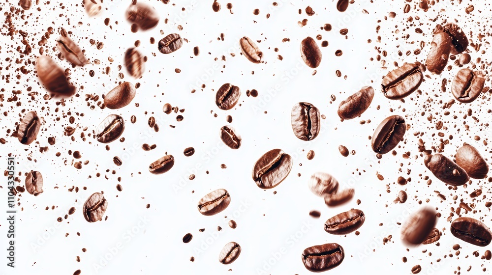 Obraz premium coffee beans flying in the air against a white background The beans are a deep brown color and appear to be freshly roasted The contrast between the white backgro