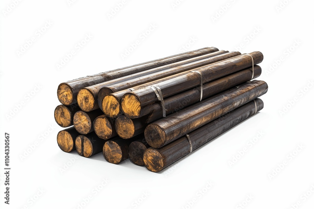 Stacked dark metal rods, banded, isolated. Stacked dark metal rods, banded, isolated.