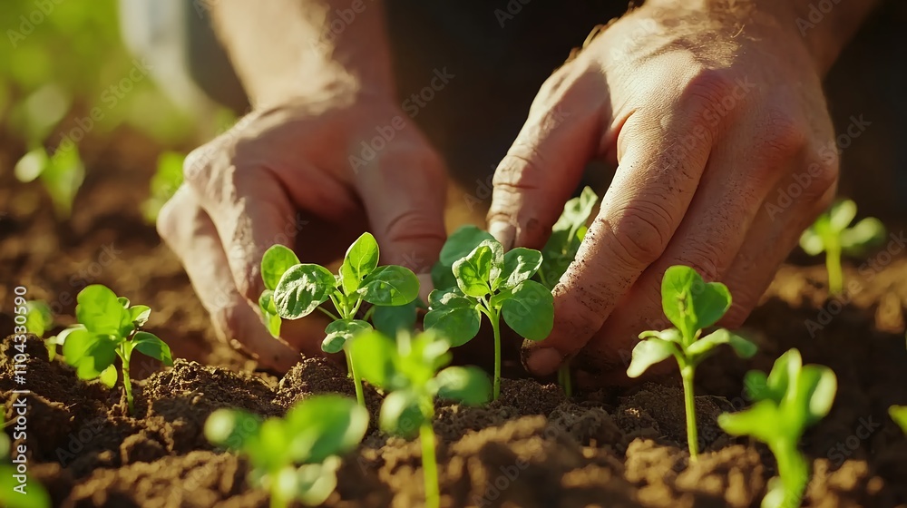 Hands Gently Planting Young Seedlings in Fertile Soil During Sunset at a Community Garden, Showcasing the Beauty of Nature and Agriculture Hands Gently Planting Young Seedlings in Fertile Soil During Sunset at a Community Garden, Showcasing the Beauty of Nature and Agriculture