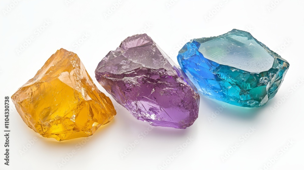 three different colored crystals on a white background, each with its own unique color and shape The colors range from a deep blue to a light pink, and each crysta three different colored crystals on a white background, each with its own unique color and shape The colors range from a deep blue to a light pink, and each crysta