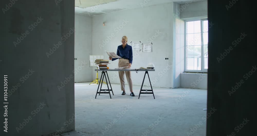 The designer is concentrating on working on the construction site, she is considering the project The designer is concentrating on working on the construction site, she is considering the project