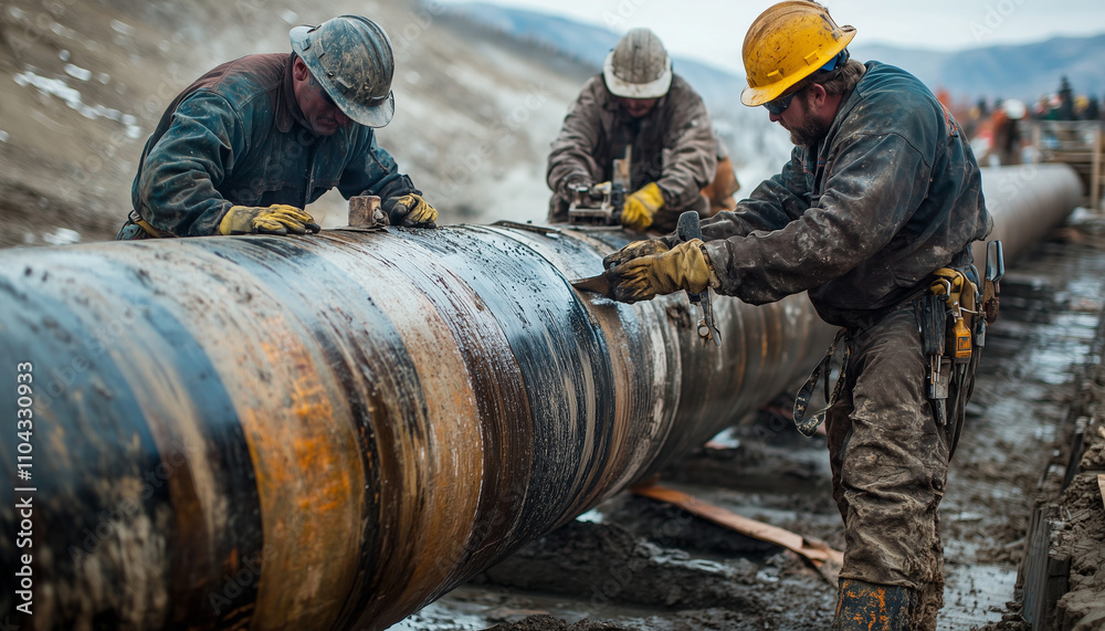 Engineers working on large industrial pipeline Engineers working on large industrial pipeline