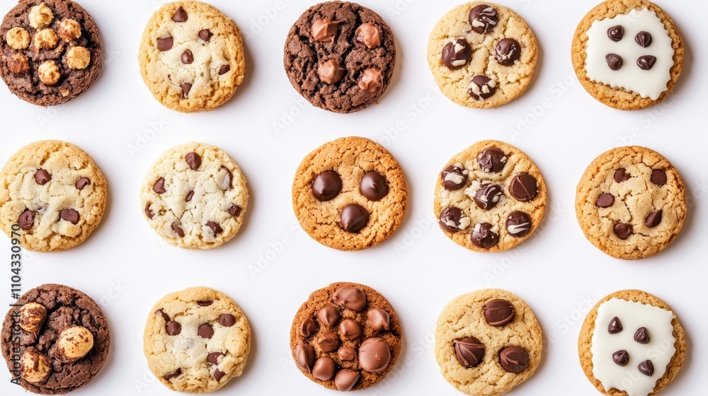a variety of chocolate chip cookies on a white background The cookies are arranged in a neat pattern, with some of them overlapping each other The colors of the c a variety of chocolate chip cookies on a white background The cookies are arranged in a neat pattern, with some of them overlapping each other The colors of the c
