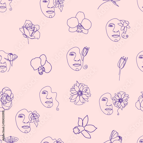 Woman face Continuous line seamless pattern. Abstract Female portrait with flowers. Drawing vector Wallpaper, fabric, wrapping paper, card, poster