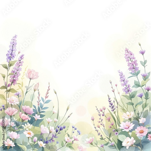 Watercolor-style painting of a whimsical garden scene featuring pastel violets and soft colors, whimsical garden, ethereal quality, watercolor art, serene landscape, soft focus