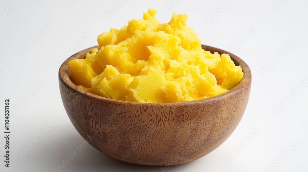 a wooden bowl filled with mashed potatoes on top of a white table The mashed potatoes are a creamy yellow color, and the bowl is a warm brown color a wooden bowl filled with mashed potatoes on top of a white table The mashed potatoes are a creamy yellow color, and the bowl is a warm brown color