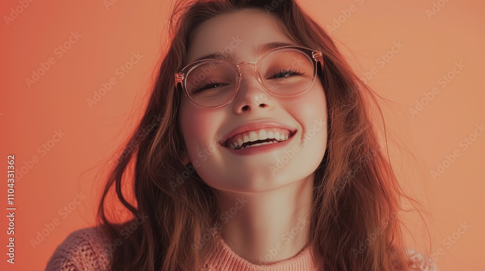 a woman wearing glasses and a pink sweater, with a bright smile on her face, against an orange background a woman wearing glasses and a pink sweater, with a bright smile on her face, against an orange background