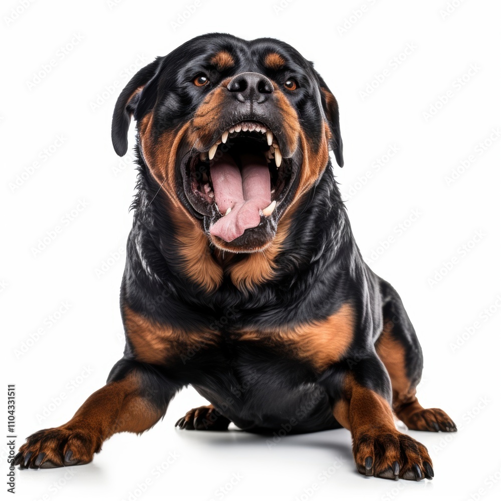 A fierce Rottweiler dog with a wide-open mouth, showcasing its strong personality and fierce demeanor. A fierce Rottweiler dog with a wide-open mouth, showcasing its strong personality and fierce demeanor.