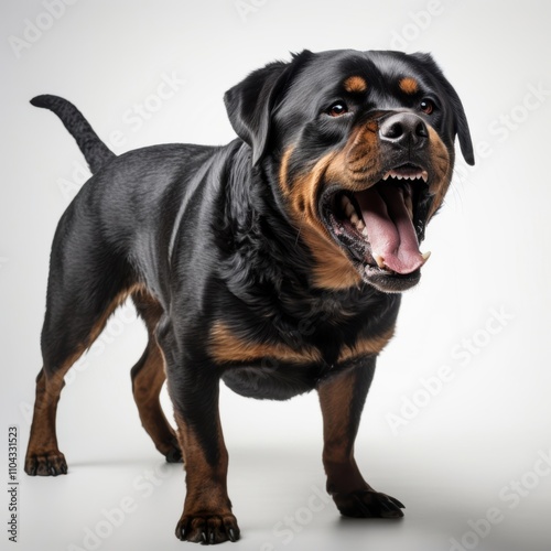 A fierce-looking Rottweiler with a wide-open mouth, showcasing its impressive teeth and playful demeanor. photo