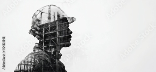 Wallpaper Mural Double exposure construction worker silhouette, detailed scaffolding structure, professional hard hat, urban development, engineering concept, copy space for text Torontodigital.ca