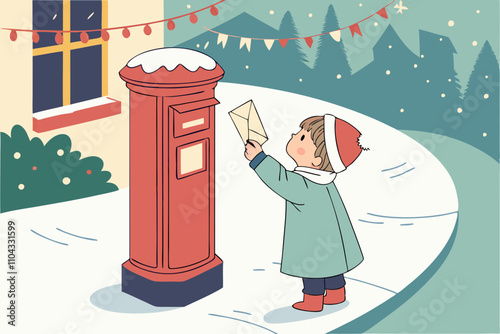 Child posting letter to Santa at snowy mailbox