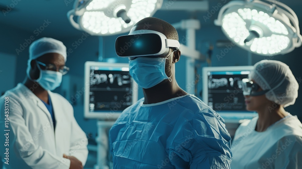 a group of surgeons wearing virtual reality headsets in an operating room, illuminated by bright lights and surrounded by monitors The background is slightly a group of surgeons wearing virtual reality headsets in an operating room, illuminated by bright lights and surrounded by monitors The background is slightly