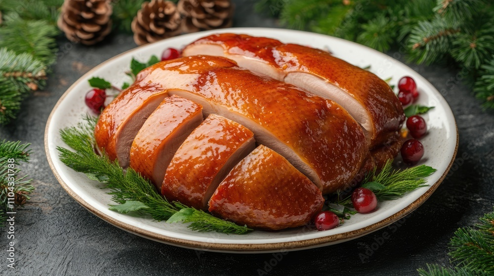 Roast turkey breast with garnishes on festive holiday plate Roast turkey breast with garnishes on festive holiday plate