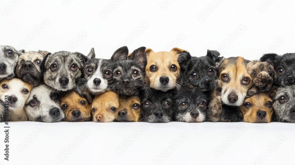 Fototapeta premium a large group of small dogs of various colors and sizes looking at the camera against a white background
