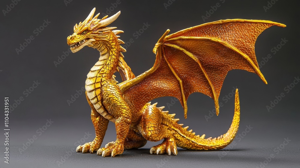 a gold dragon figurine sitting atop a black surface The dragon is intricately detailed with scales, wings, and a long tail Its eyes are wide and alert, and its mo a gold dragon figurine sitting atop a black surface The dragon is intricately detailed with scales, wings, and a long tail Its eyes are wide and alert, and its mo