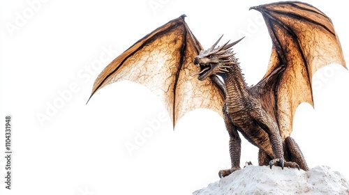  a brown dragon statue perched atop a snow-covered mountain, with a white background