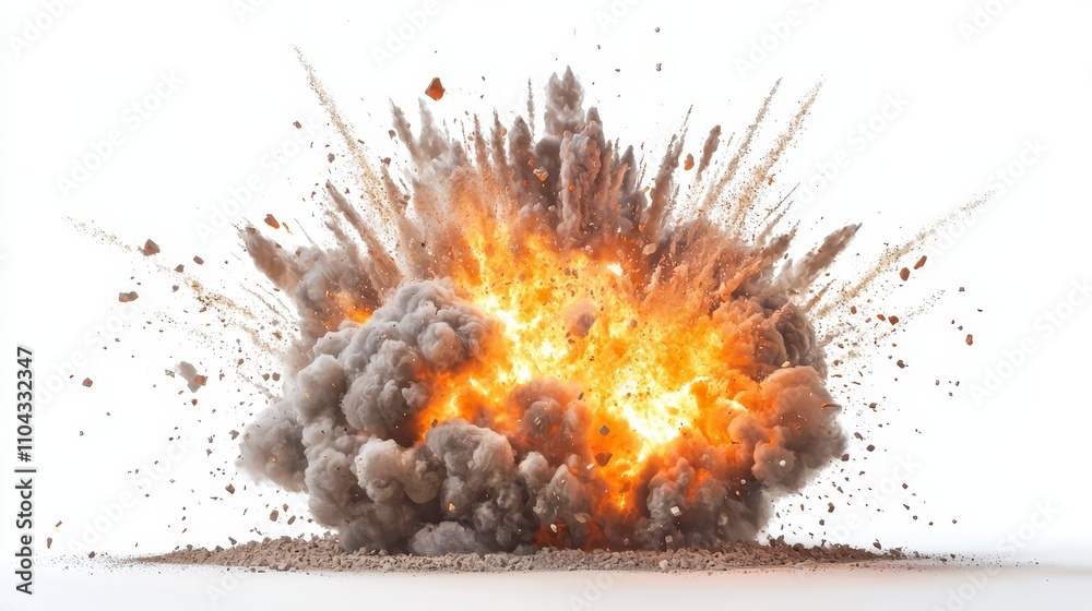 a large explosion of fire and smoke on a white background, creating a vivid and dynamic scene The fire is a bright orange and yellow, and the smoke is billowing up a large explosion of fire and smoke on a white background, creating a vivid and dynamic scene The fire is a bright orange and yellow, and the smoke is billowing up