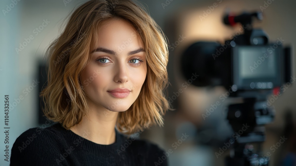 a woman wearing a black dress standing in front of a camera, with a blurred background She appears to be a videographer, as she is wearing a professional outfit an a woman wearing a black dress standing in front of a camera, with a blurred background She appears to be a videographer, as she is wearing a professional outfit an