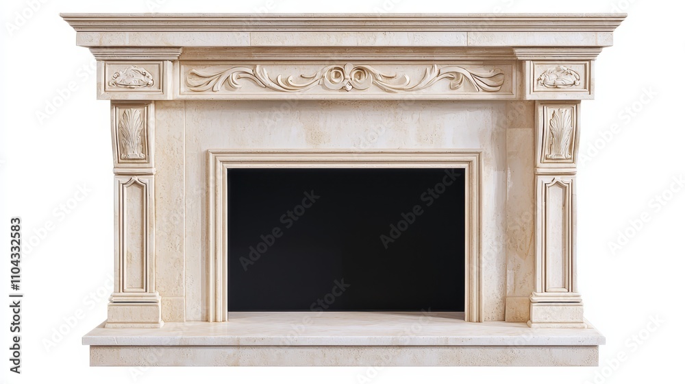Fototapeta premium a white marble fireplace mantel with intricate carvings on it, set against a white background