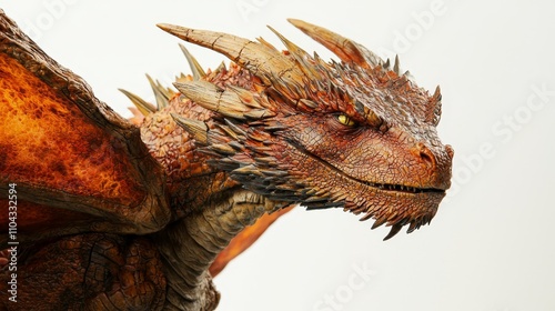  a close up of a red dragon with yellow eyes against a white background Its scales are a deep red color and its wings are spread wide, giving it a majestic and powe photo