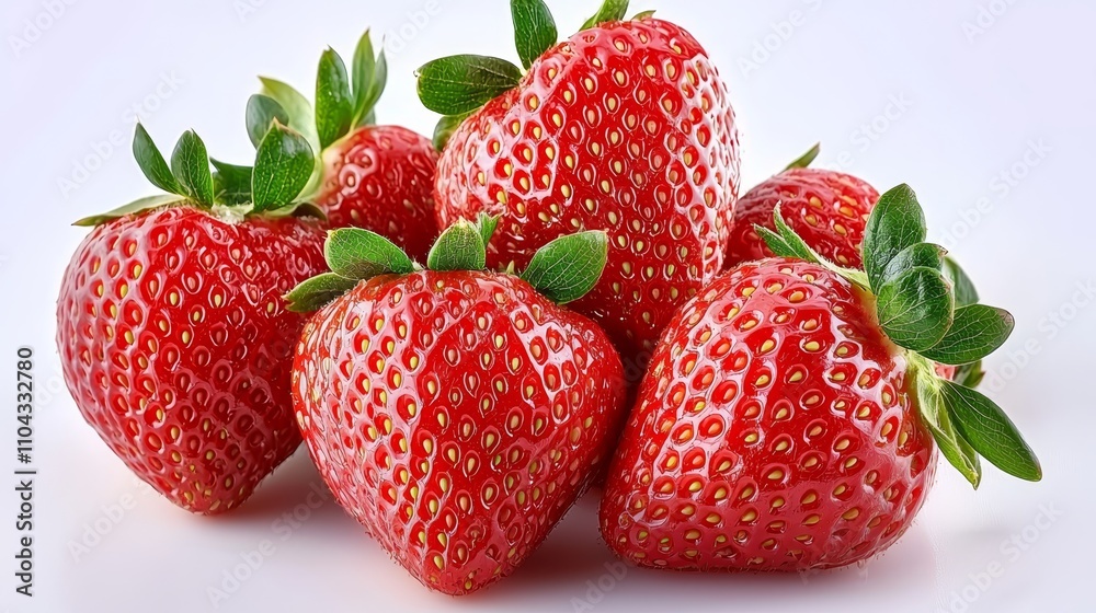 a group of ripe, red strawberries with green leaves on a white background The strawberries are arranged in a cluster, with some of them overlapping each other, and a group of ripe, red strawberries with green leaves on a white background The strawberries are arranged in a cluster, with some of them overlapping each other, and