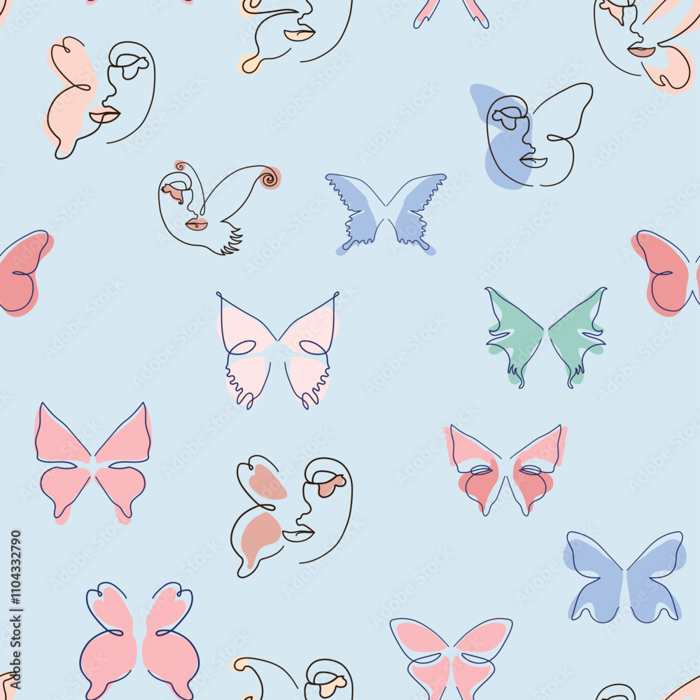 Woman face Continuous line seamless pattern. Abstract Female portrait with Butterfly. Drawing vector Wallpaper, fabric, wrapping paper, card, poster Woman face Continuous line seamless pattern. Abstract Female portrait with Butterfly. Drawing vector Wallpaper, fabric, wrapping paper, card, poster