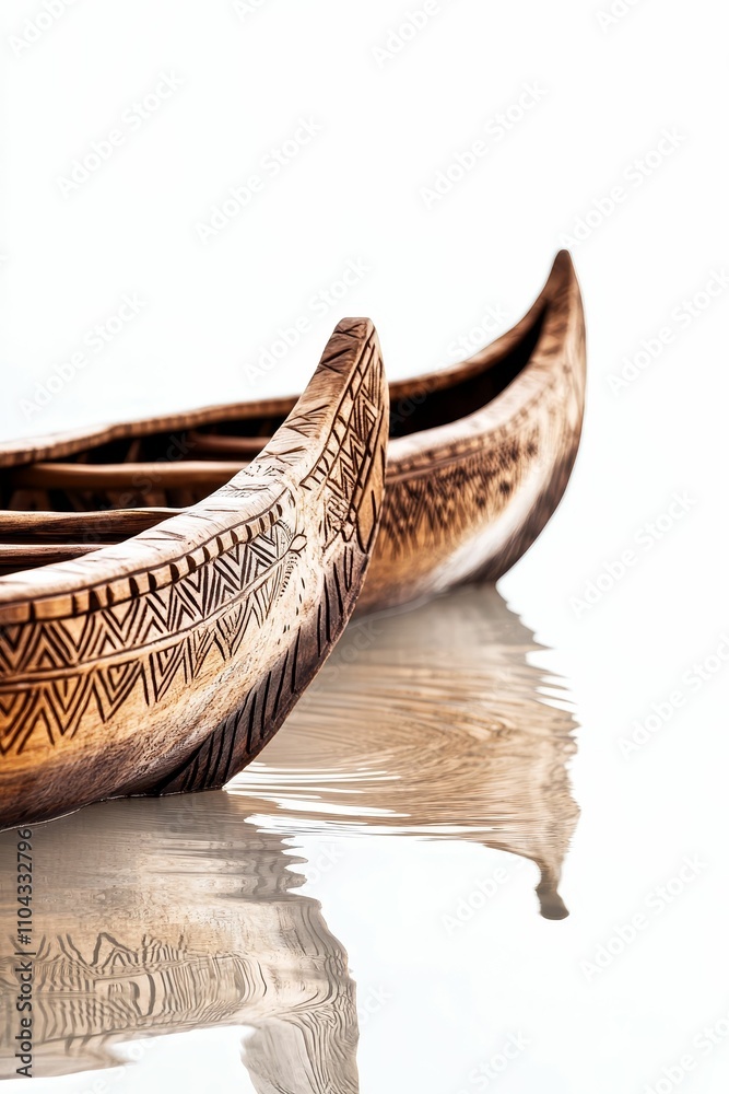 Fototapeta premium Two carved wooden boats float, reflecting in still water.