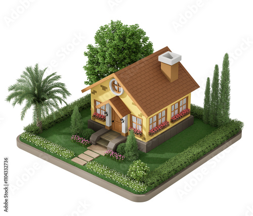 Aerial view of cottage style tiny yellow house surrounded by garden isolated on transparent background 3d render