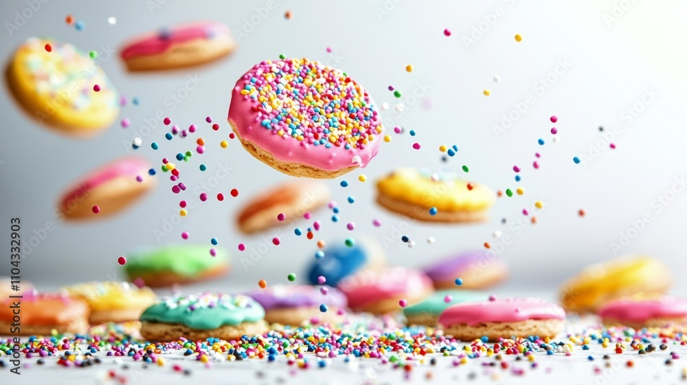 a bunch of colorful donuts with sprinkles flying in the air against a white background a bunch of colorful donuts with sprinkles flying in the air against a white background