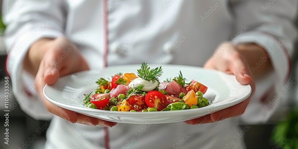 Culinary presentation of a colorful salad on a plate during a kitchen service Culinary presentation of a colorful salad on a plate during a kitchen service