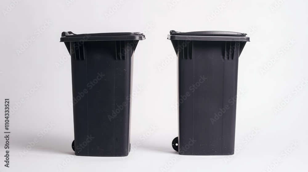 two black trash cans sitting next to each other on a white surface The cans have wheels attached to them, allowing them to be easily moved around two black trash cans sitting next to each other on a white surface The cans have wheels attached to them, allowing them to be easily moved around