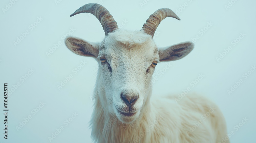  a white goat with long horns standing in front of a blue sky Its fur is a pristine white color, and its horns are curved and long The sky is a deep blue, with a f