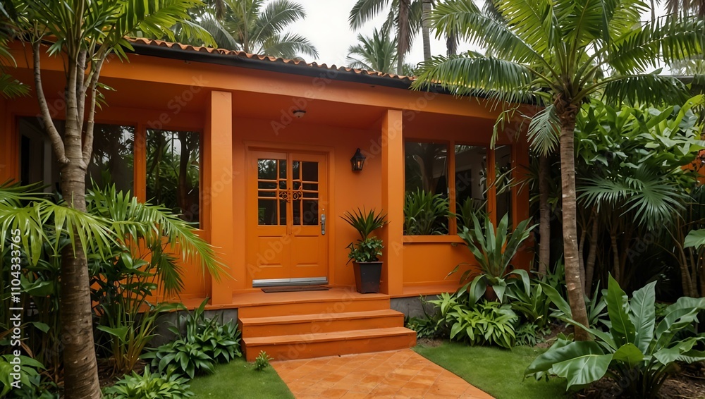 Fototapeta premium Bright orange house with tropical garden.