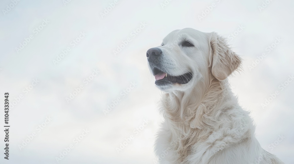 a golden retriever sitting atop a snow-covered field, with a white and blue sky in the background a golden retriever sitting atop a snow-covered field, with a white and blue sky in the background