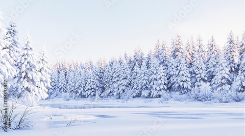 Winter forest landscape with snow-covered trees, a frozen pond in the background, and a cold blue sky above, snow, serenity