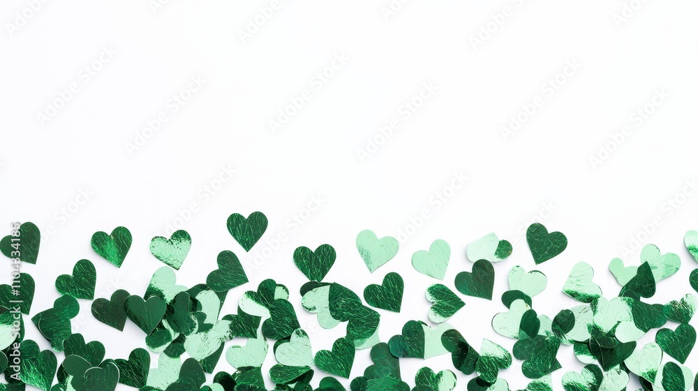 a white background with green heart-shaped confetti scattered across it, creating a festive atmosphere perfect for celebrating St Patrick's Day a white background with green heart-shaped confetti scattered across it, creating a festive atmosphere perfect for celebrating St Patrick's Day