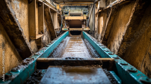  A stock photo showcasing a belt conveyor in an underground tunnel, transporting ore towards the surface. 