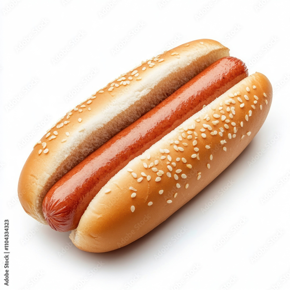 Delicious hot dog with sesame seed bun, perfect for meals. isolated on white background. Delicious hot dog with sesame seed bun, perfect for meals. isolated on white background.