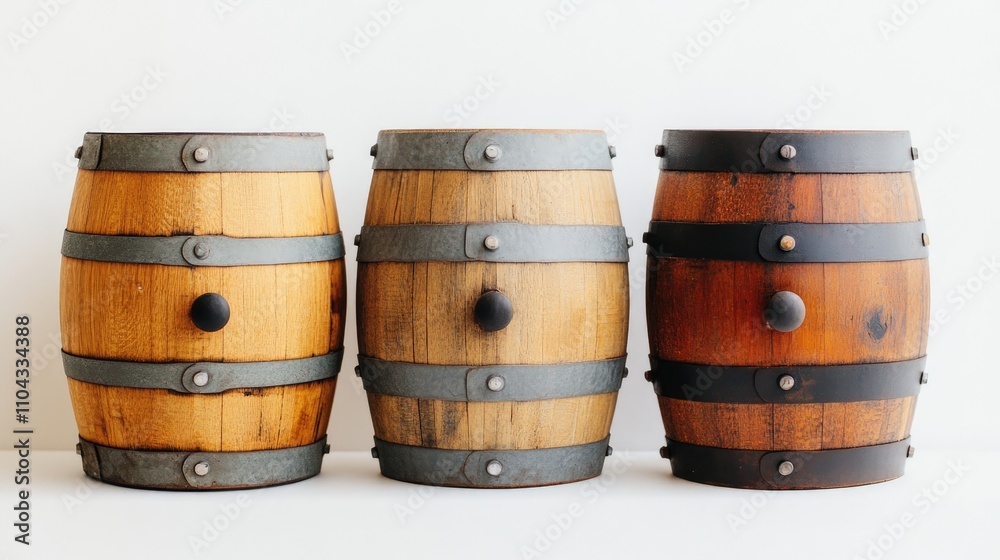 Obraz premium Rustic wooden barrels in a row against a light background