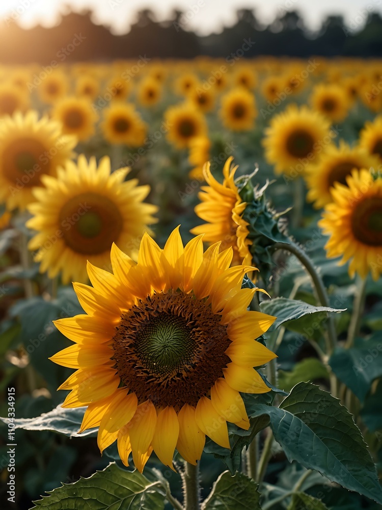 Fototapeta premium Bright sunflowers in full bloom, with a clear sky for text space.