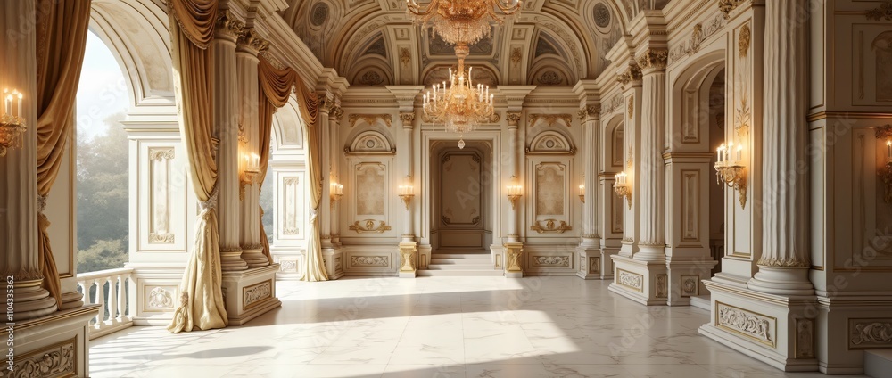 Fototapeta premium a room with a large ceiling and a large window with a light on it.