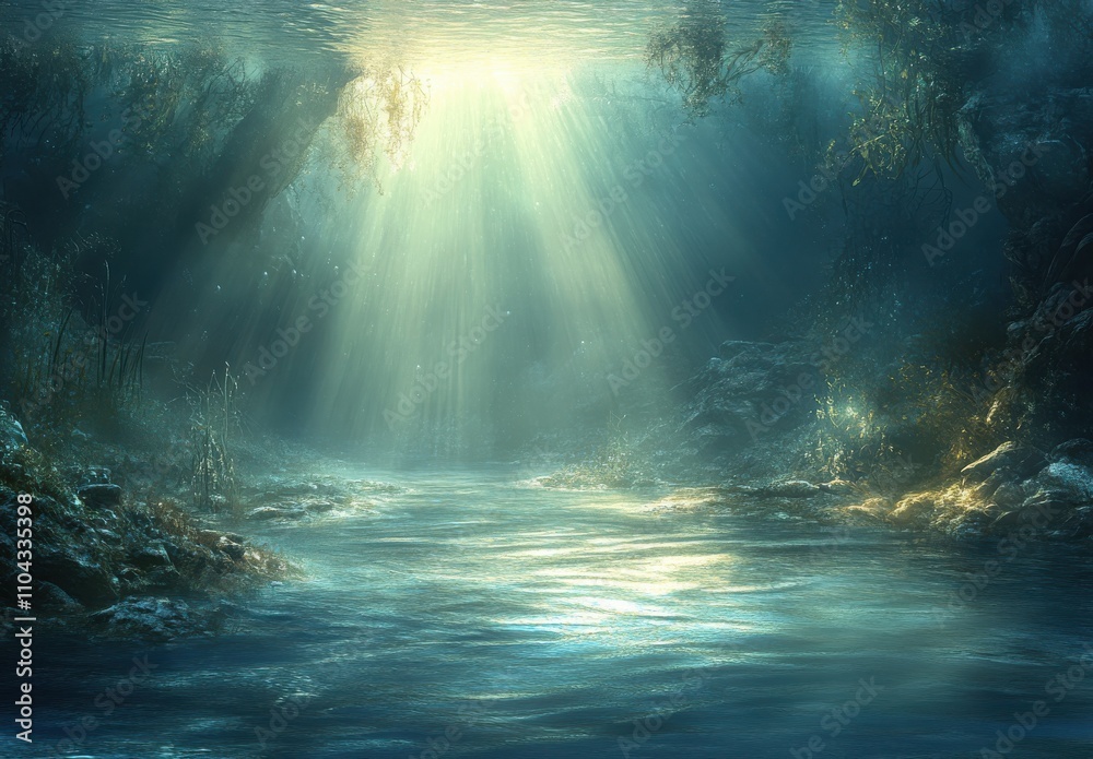 Serene Underwater Scene with Sunlight Rays Piercing Through the Water Surrounded by Lush Aquatic Plants and Mysterious Shadows for Tranquil Atmosphere Serene Underwater Scene with Sunlight Rays Piercing Through the Water Surrounded by Lush Aquatic Plants and Mysterious Shadows for Tranquil Atmosphere