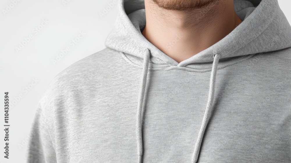 a close up of a man wearing a grey hoodie against a white background The hoodie has a drawstring hood and long sleeves, and the fabric appears to be soft and comfo a close up of a man wearing a grey hoodie against a white background The hoodie has a drawstring hood and long sleeves, and the fabric appears to be soft and comfo