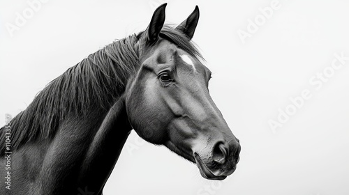  a black and white photo of a horse with a long mane against a white background The horse is standing in the center of the image, with its head held high and its ma