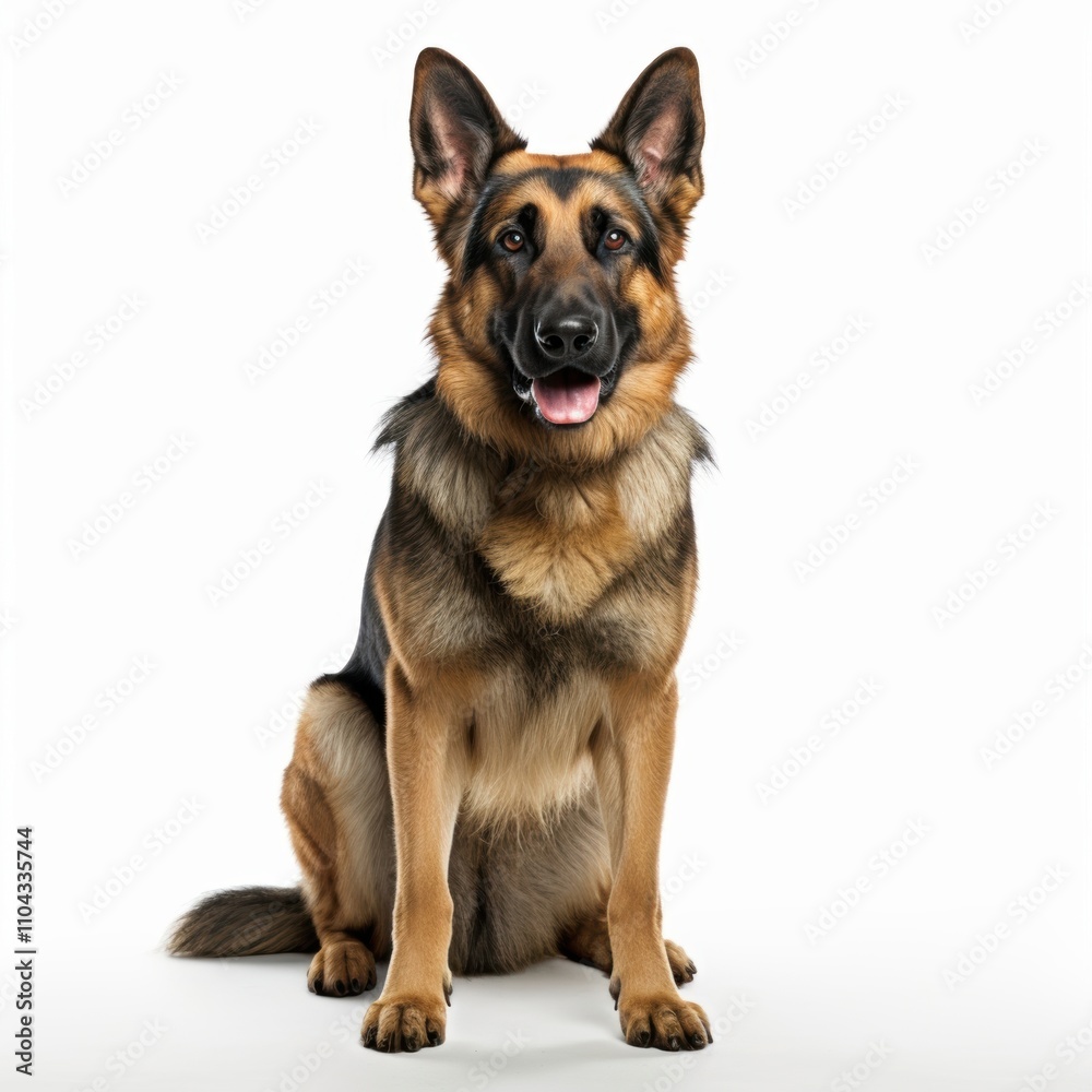 A confident German Shepherd sits proudly against a clean white background, showcasing its black and tan fur. A confident German Shepherd sits proudly against a clean white background, showcasing its black and tan fur.