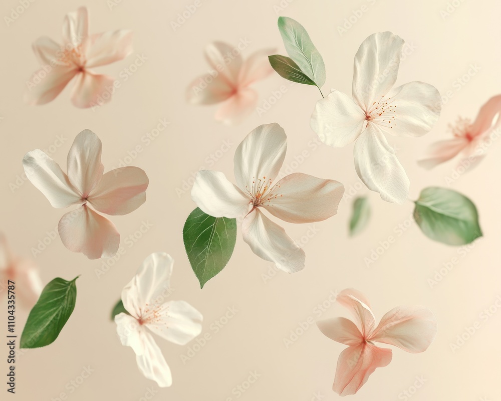 Soft Focus on Delicate Pink and White Flowers with Green Leaves Floating Against a Light Background, Perfect for Spring and Floral Themes Soft Focus on Delicate Pink and White Flowers with Green Leaves Floating Against a Light Background, Perfect for Spring and Floral Themes